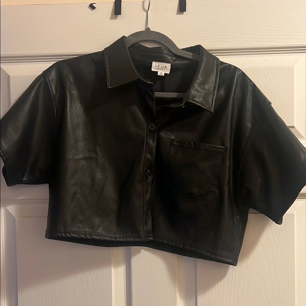 Black Faux Leather Cropped Shirt